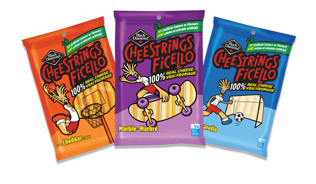 Cheestrings Cheddar, Marble and Mozzarella packages