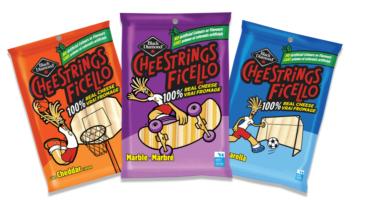 Cheestrings Cheddar, Marbrée et Mozzarella packages